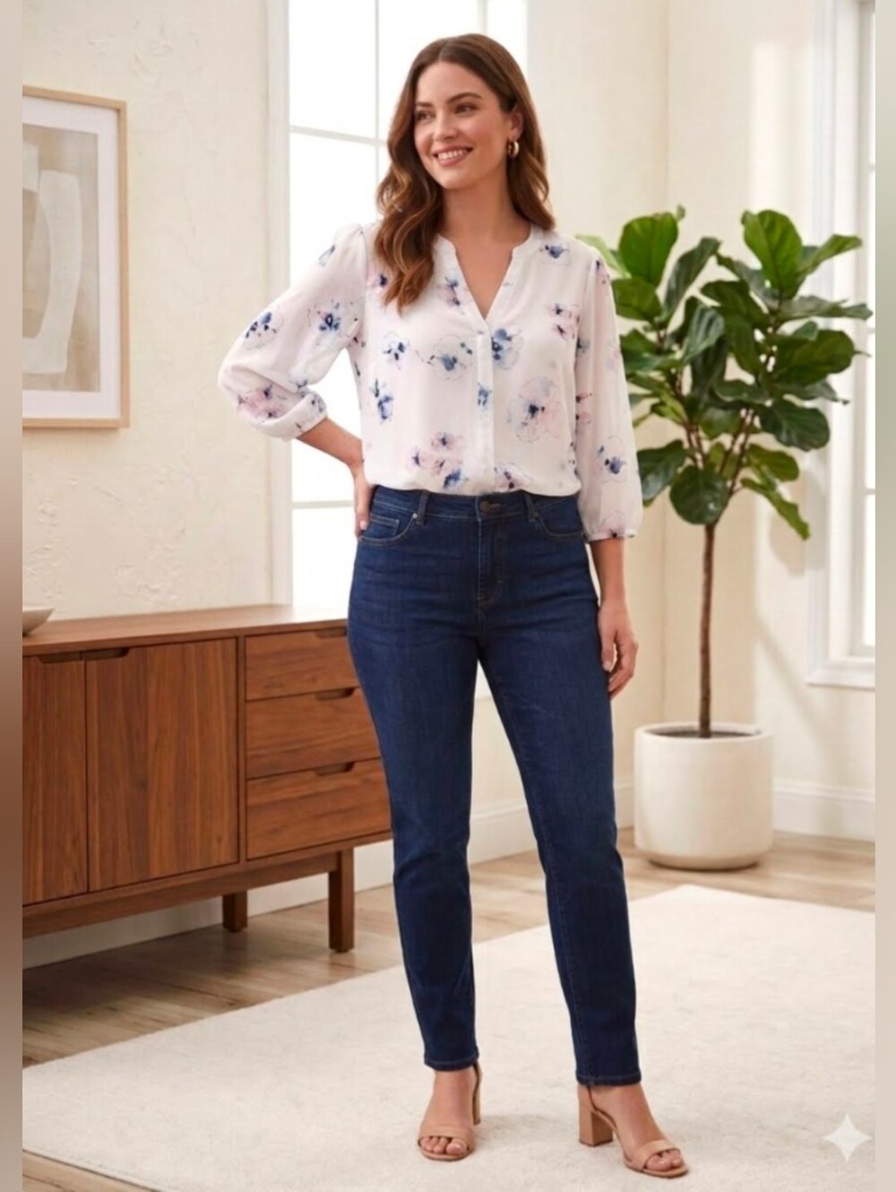 Violet+Claire 3/4 Sleeve V Neck Floral Blouse White Blue Pink Size Small